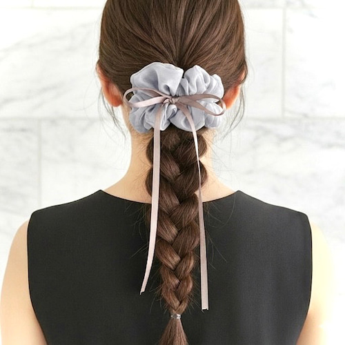 グレー】リボンシュシュ サテンリボン シフォン シュシュ ヘアゴム
