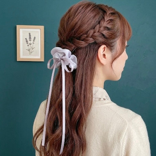 グレー】リボンシュシュ サテンリボン シフォン シュシュ ヘアゴム