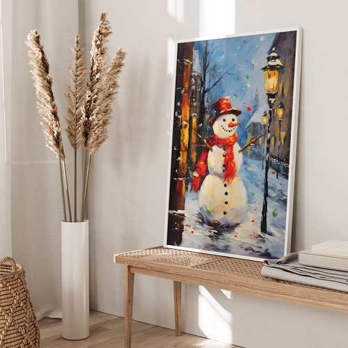 アートポスター 雪だるま 冬 街並み 赤いマフラー おしゃれ 油絵風