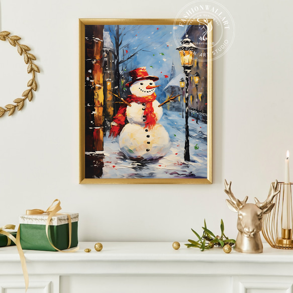 アートポスター 雪だるま 冬 街並み 赤いマフラー おしゃれ 油絵風