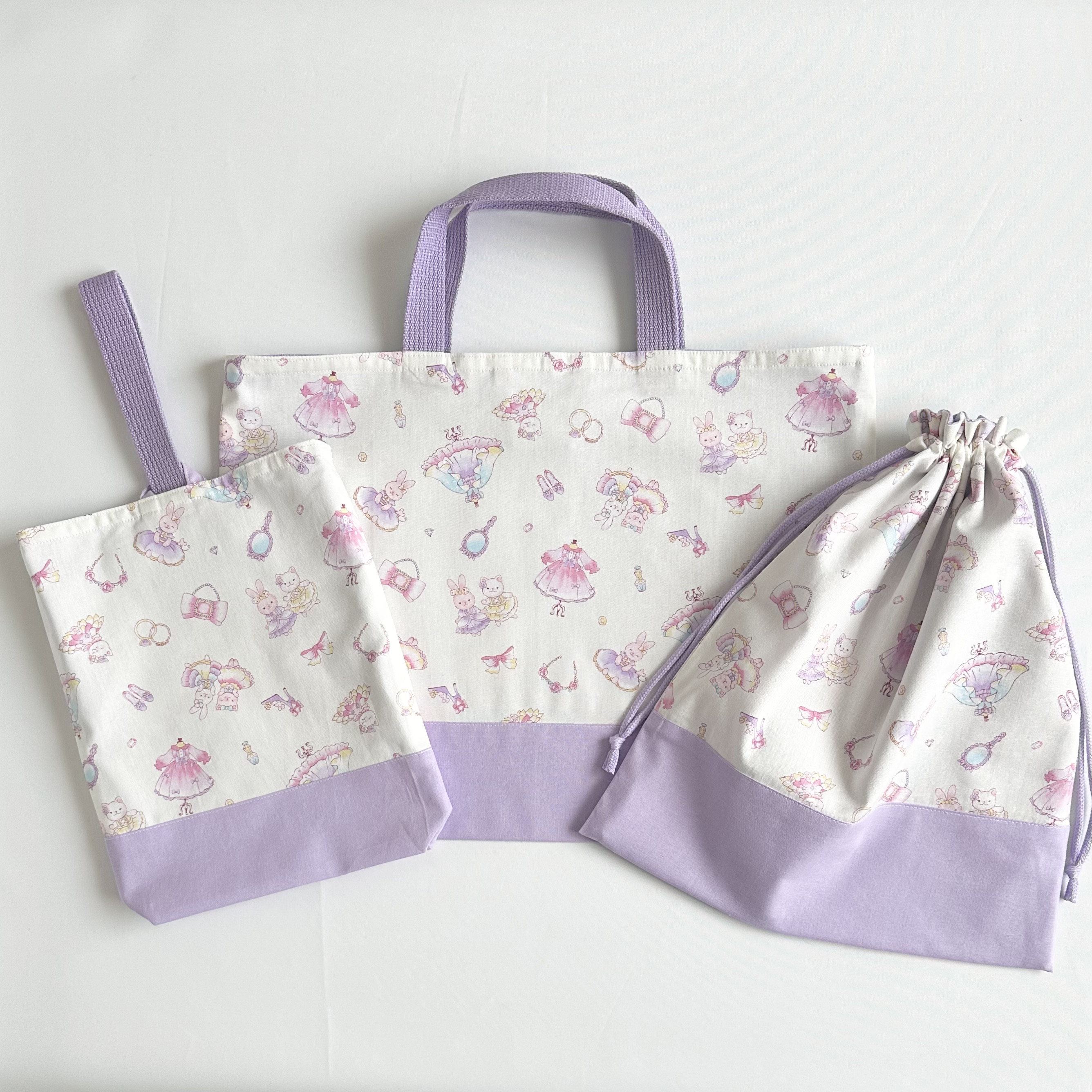 【ゆめかわスイーツねこ×ラベンダー】レッスンバッグ·体操着袋·上履き袋3点セット ゆめかわドレス 3点セット レッスンバッグ上履き袋 巾着袋 入園・入学