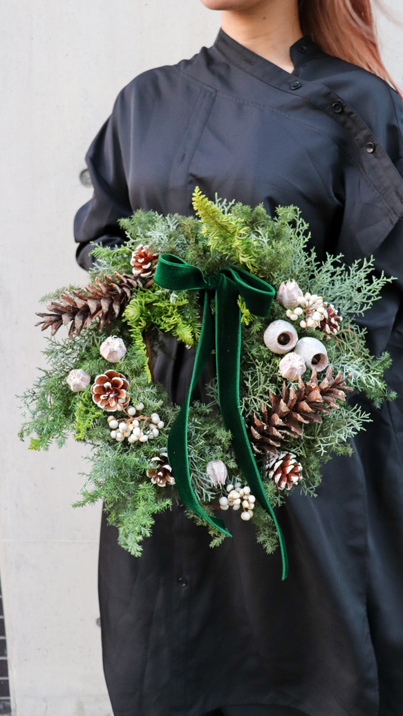 ドライになるクリスマスリース M ユーカリ モミ 松ぼっくり コットン