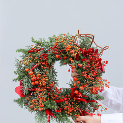 モミの木と赤い野バラの実や数種類の針葉樹を紡いだ可愛らしい　クリスマス　リース 4b4e4482a7146053f44dde92046d6c