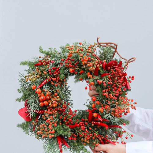 赤い実 クリスマスリース M フレッシュ 生花 サンキライ バラの実
