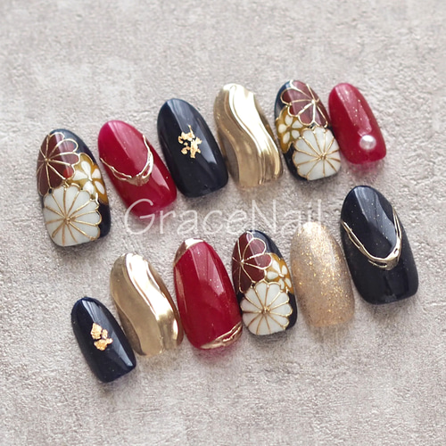 現品販売！ネイルチップ No.1121 成人式卒業式和柄振袖 ネイルチップ