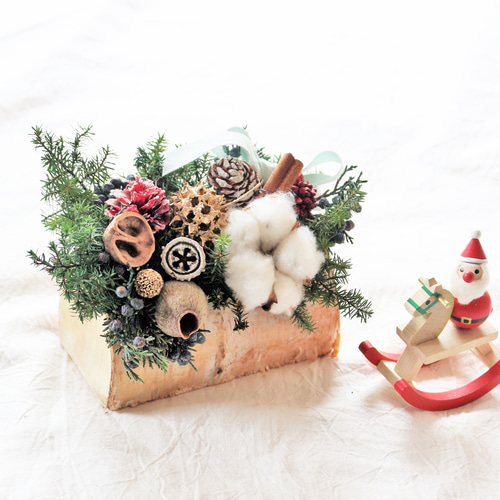 クリスマス&お正月に飾れる☆2way切り株アレンジ プリザーブドフラワー