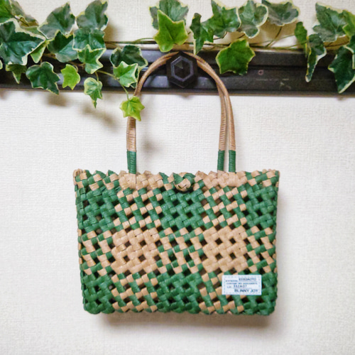 クラフトバンド＊かごバッグM/四畳編み◇オリーブグリーンチェック