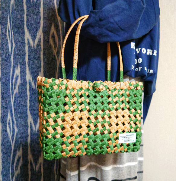 クラフトバンド＊かごバッグM/四畳編み◇オリーブグリーンチェック
