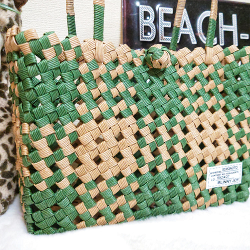 クラフトバンド＊かごバッグM/四畳編み◇オリーブグリーンチェック