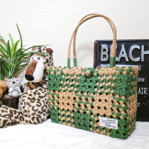 クラフトバンド＊かごバッグM/四畳編み◇オリーブグリーンチェック