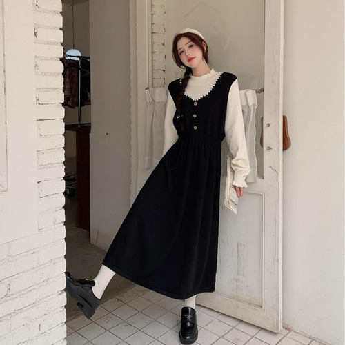 【超ポイント祭?期間限定】 重ね着風 ワンピース 新品 春 秋冬 レディース 大きいサイズ ワンピース