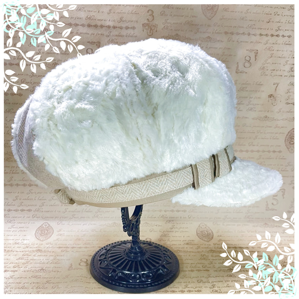 クリーム色のフェイクファー・キャスケット/ベージュのヘリンボーンの