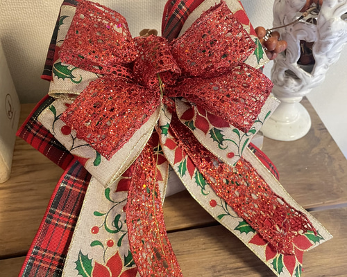 * antique sheep ❀ クリスマスの羊さん (水色リボンと鈴♪) クリスマス クリスマスリボン ツリートップリボン クリスマス