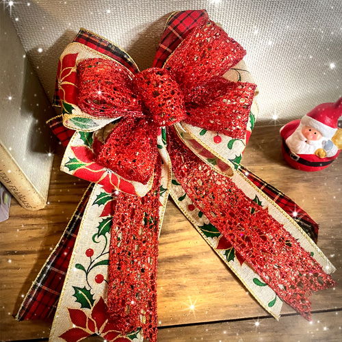 クリスマス限定出品☆ハンドメイド手編みリース ツリーオーナメントリボンレース編み 再販！ クリスマス リボン飾り ツリートップ リースオーナメント