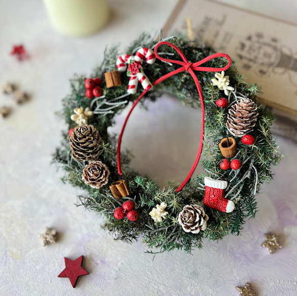 手作りキット＊プリザーブドグリーンと木の実のクリスマスリース＊赤