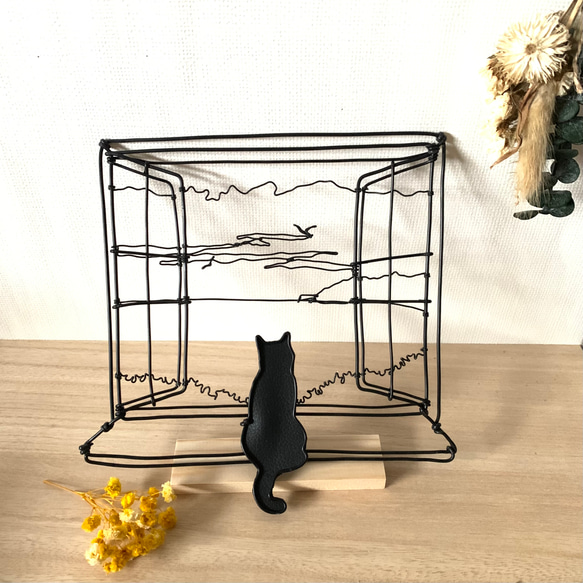 【受注制作】【黄昏のねこさん　Live freely】ワイヤーアート　ワイヤークラフト　ウォールデコ　インテリア　猫　海 7枚目の画像