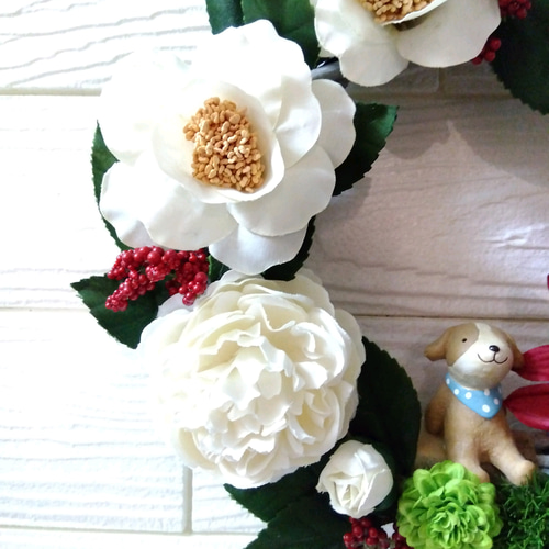 商品名【慶】華やか！♥ダリアと紅椿のお正月リース＊ 冬リース 商品名【慶】華やか！♥ダリアと紅椿のお正月リース＊ 冬リース