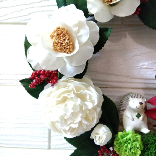 商品名【慶】華やか！♥ダリアと紅椿のお正月リース＊ 冬リース 商品名【慶】華やか！♥ダリアと紅椿のお正月リース＊ 冬リース