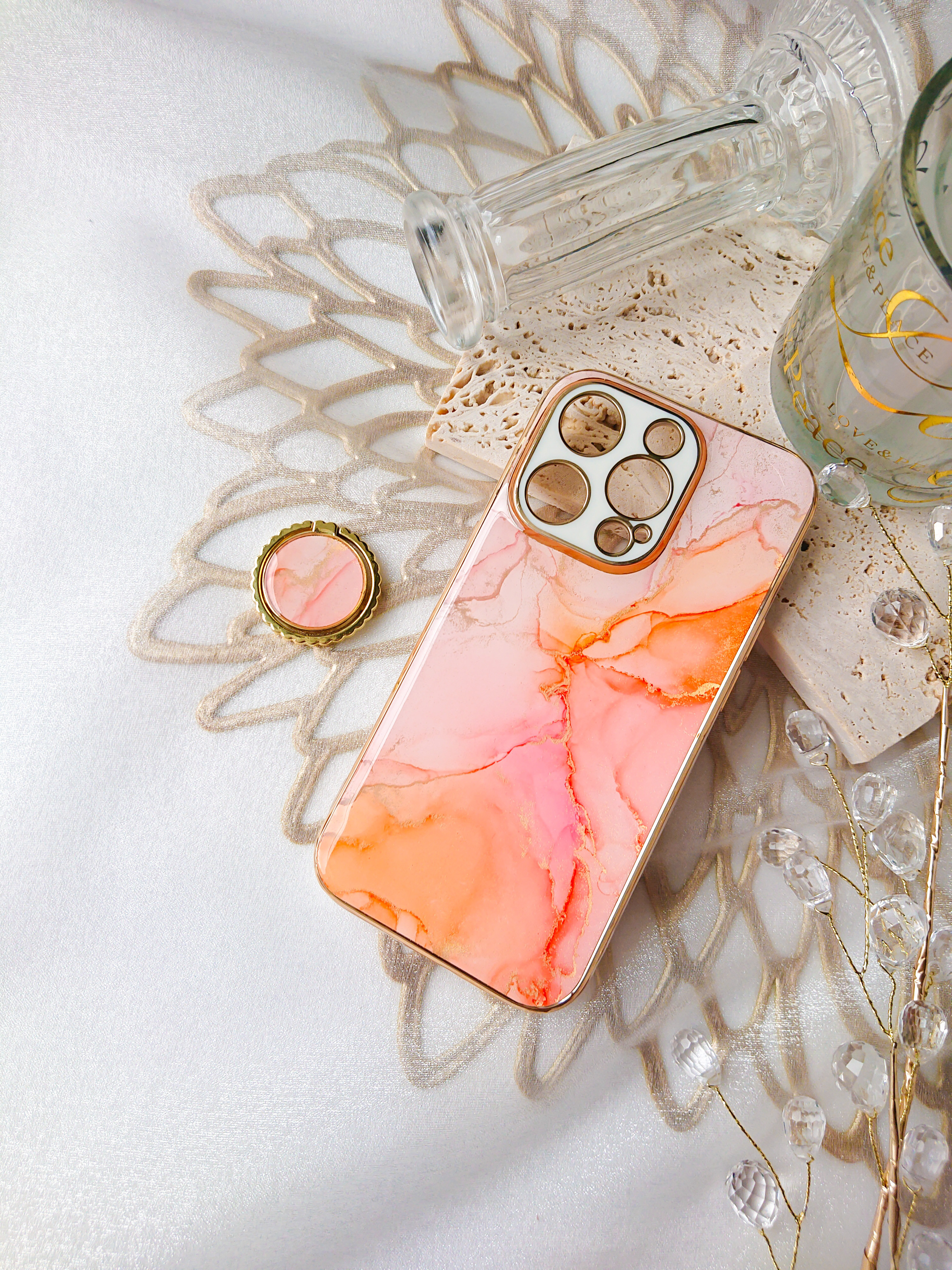 ピーチファズ　大理石風iPhoneケース　桃色　ピンクスマホケース　アルコールインクアート　フルーティピーチ