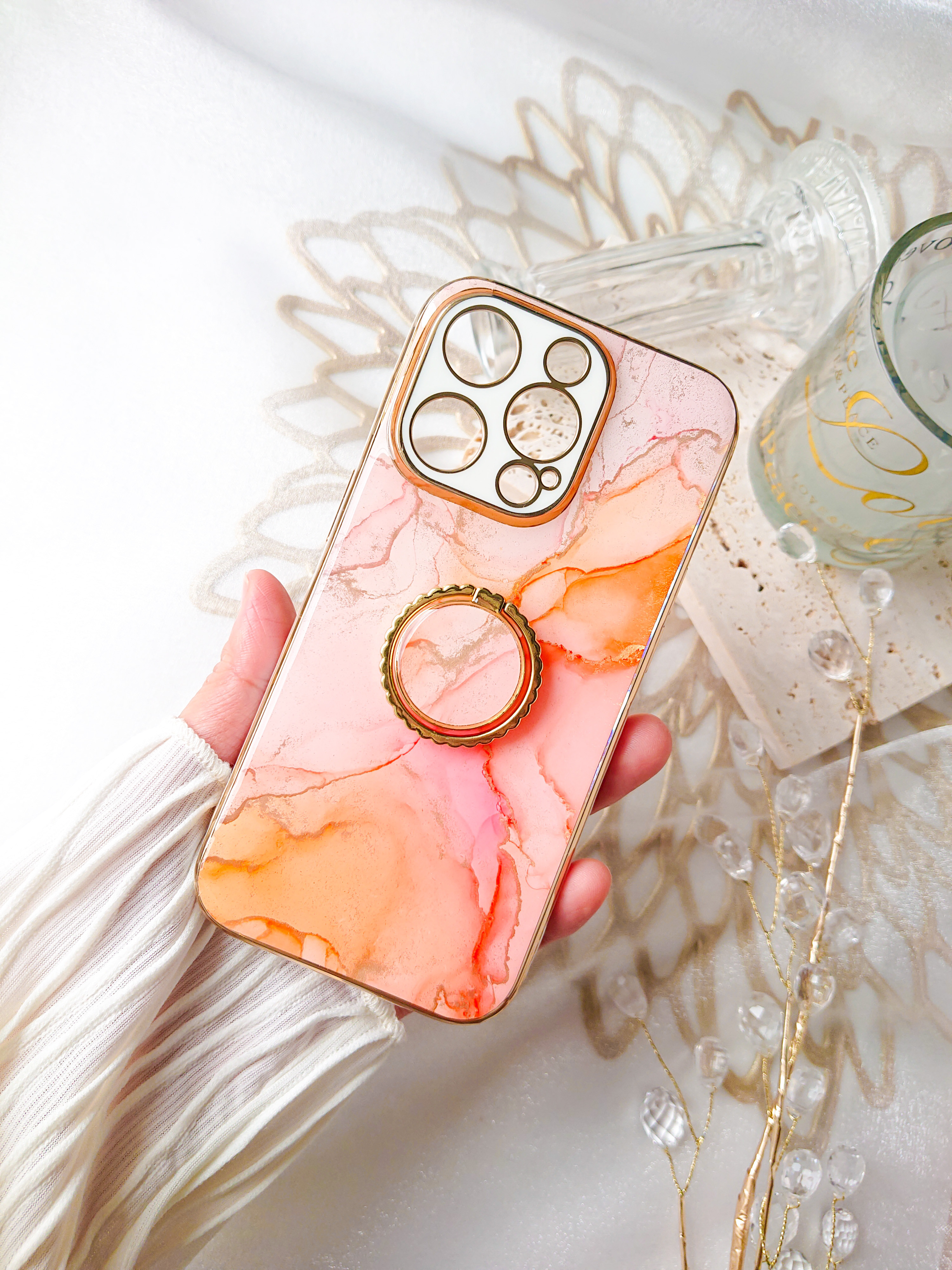 ピーチファズ　大理石風iPhoneケース　桃色　ピンクスマホケース　アルコールインクアート　フルーティピーチ