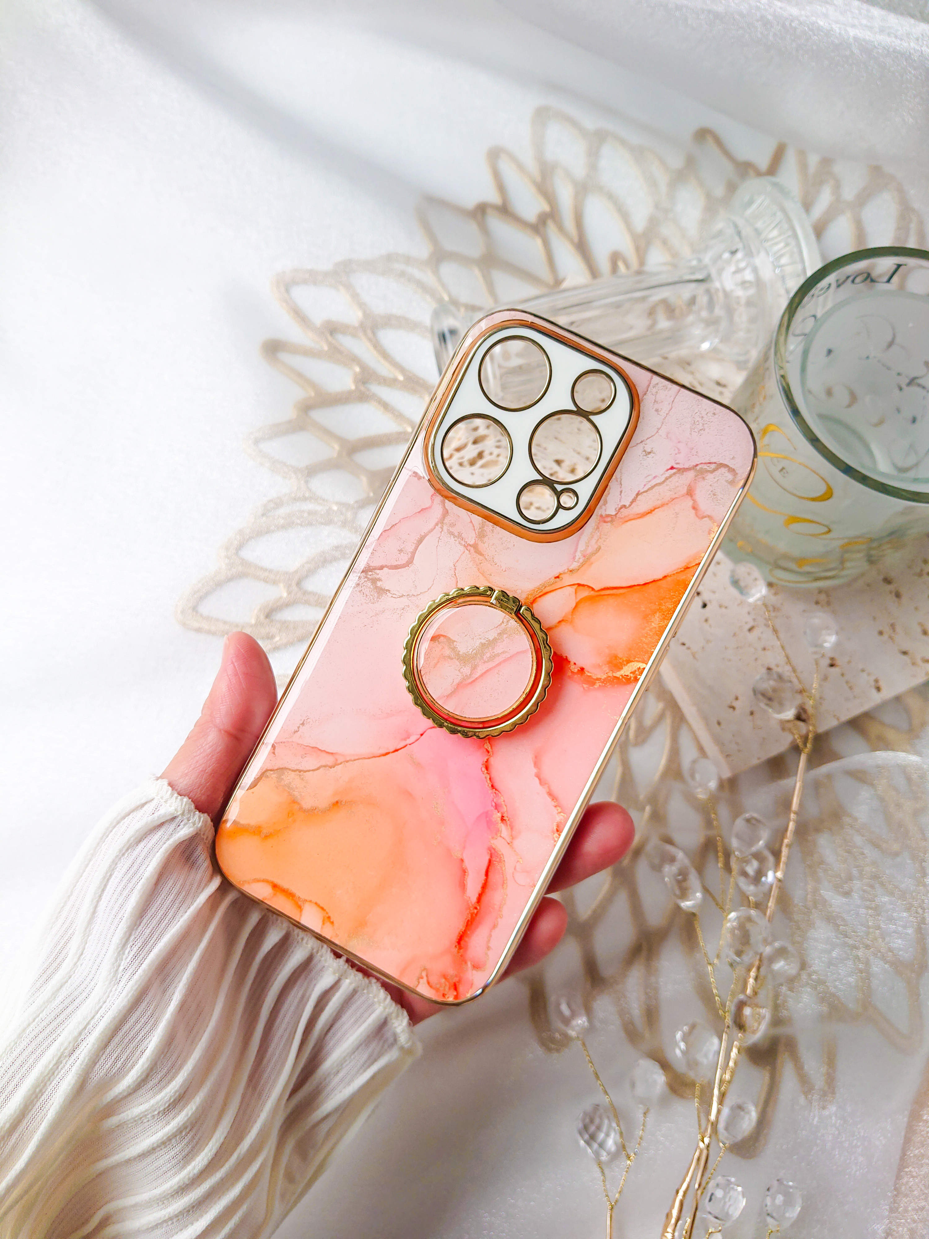 ピーチファズ　大理石風iPhoneケース　桃色　ピンクスマホケース　アルコールインクアート　フルーティピーチ