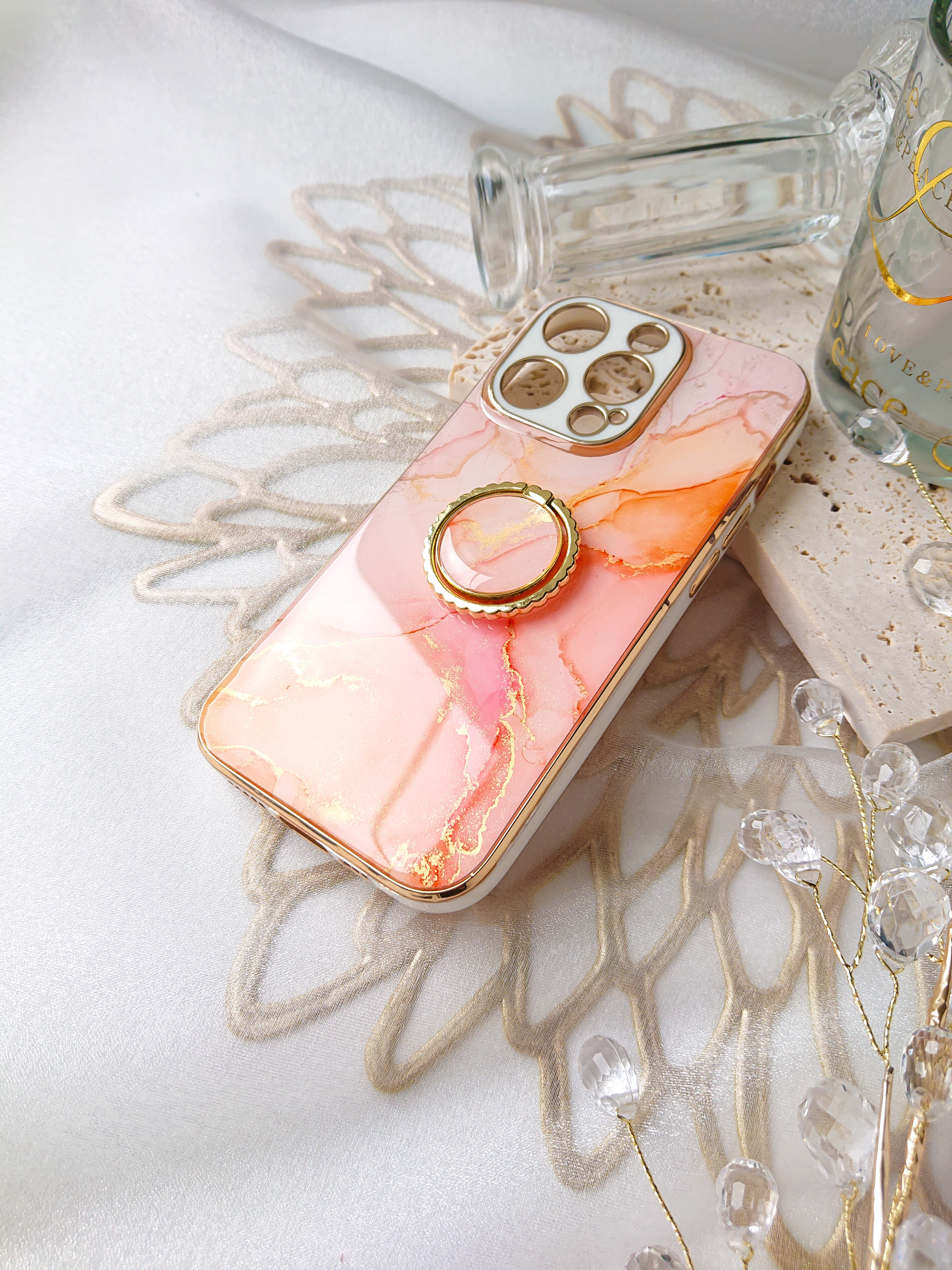 ピーチファズ　大理石風iPhoneケース　桃色　ピンクスマホケース　アルコールインクアート　フルーティピーチ