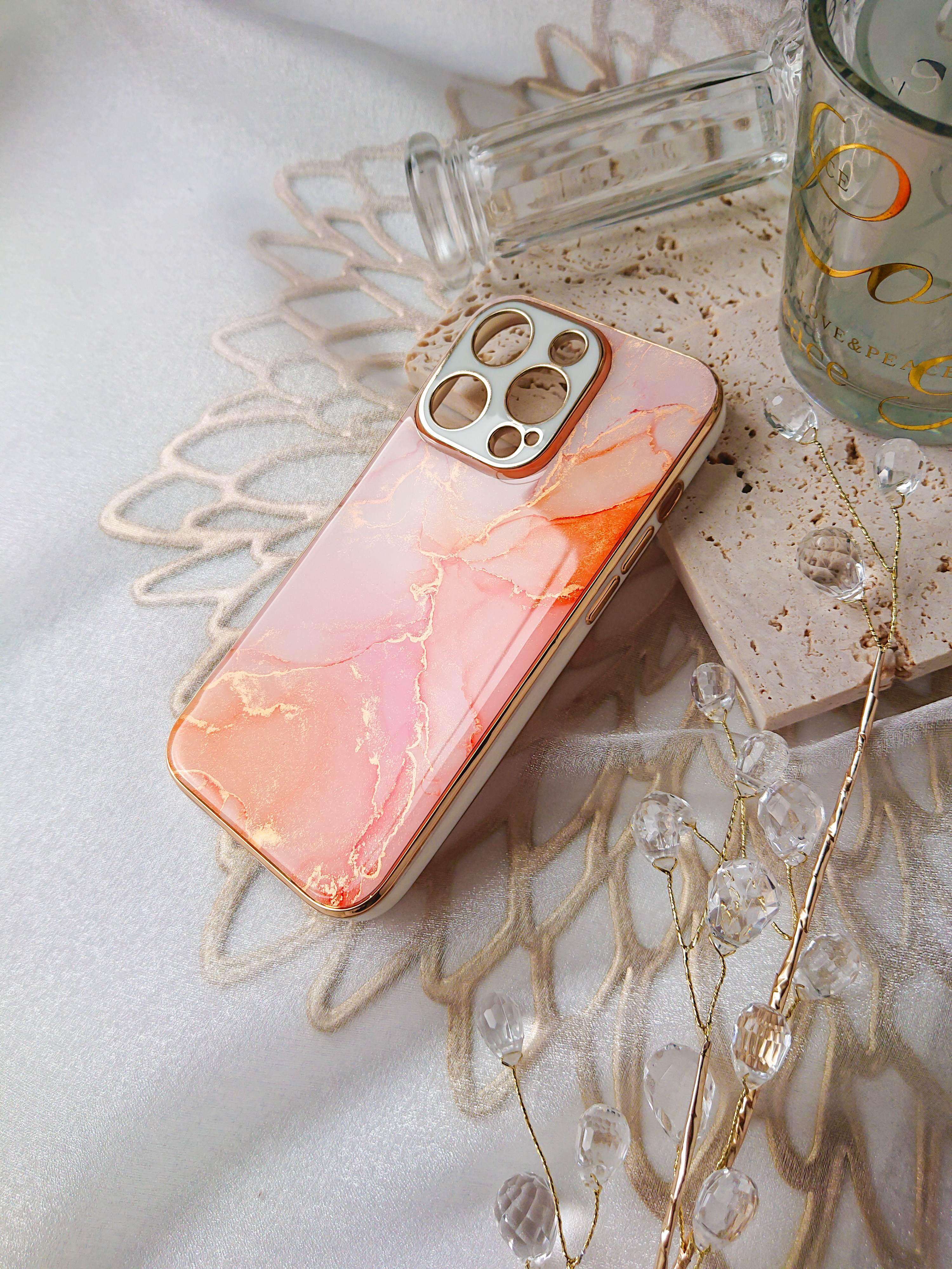 ピーチファズ　大理石風iPhoneケース　桃色　ピンクスマホケース　アルコールインクアート　フルーティピーチ