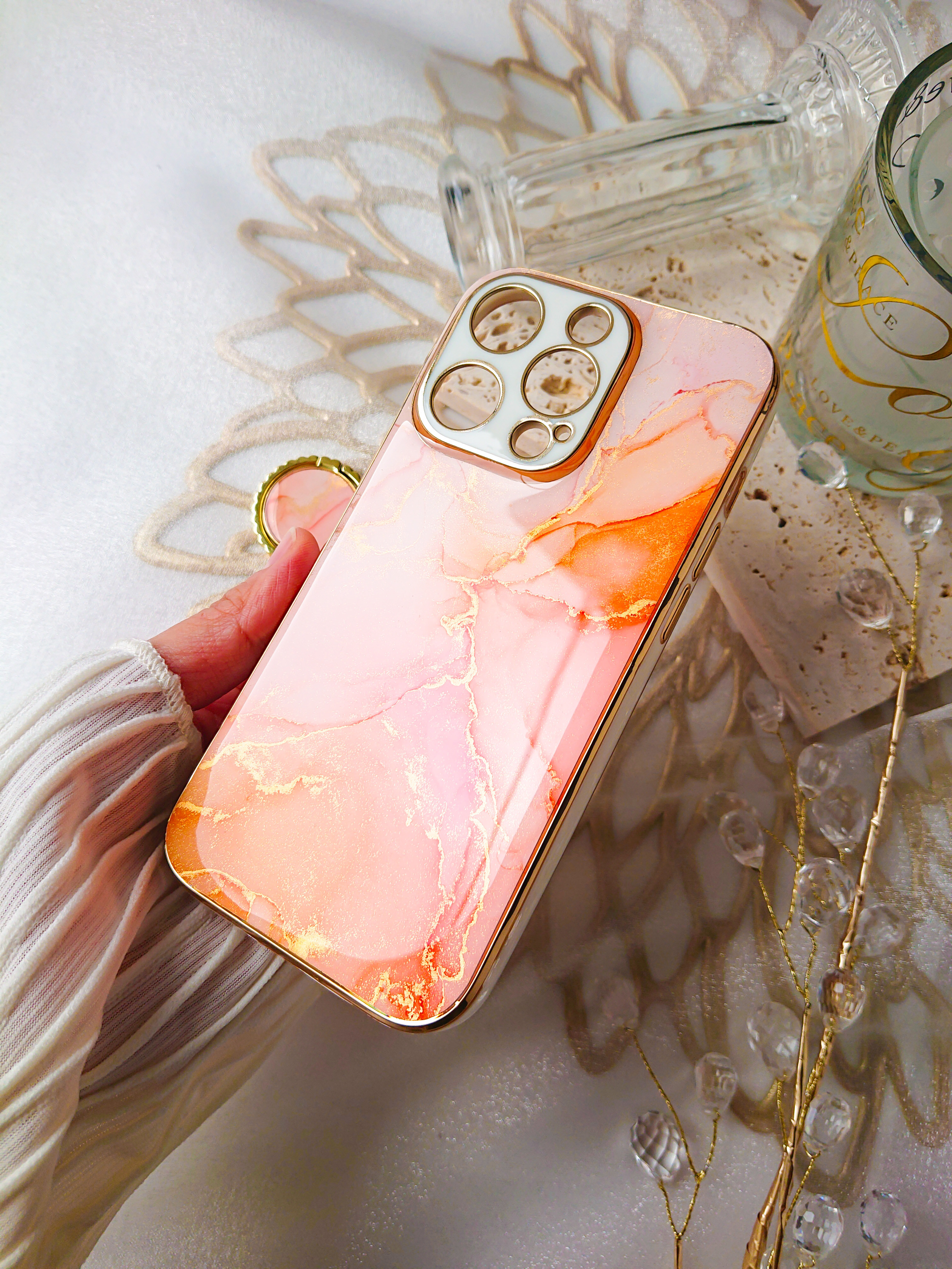 ピーチファズ　大理石風iPhoneケース　桃色　ピンクスマホケース　アルコールインクアート　フルーティピーチ