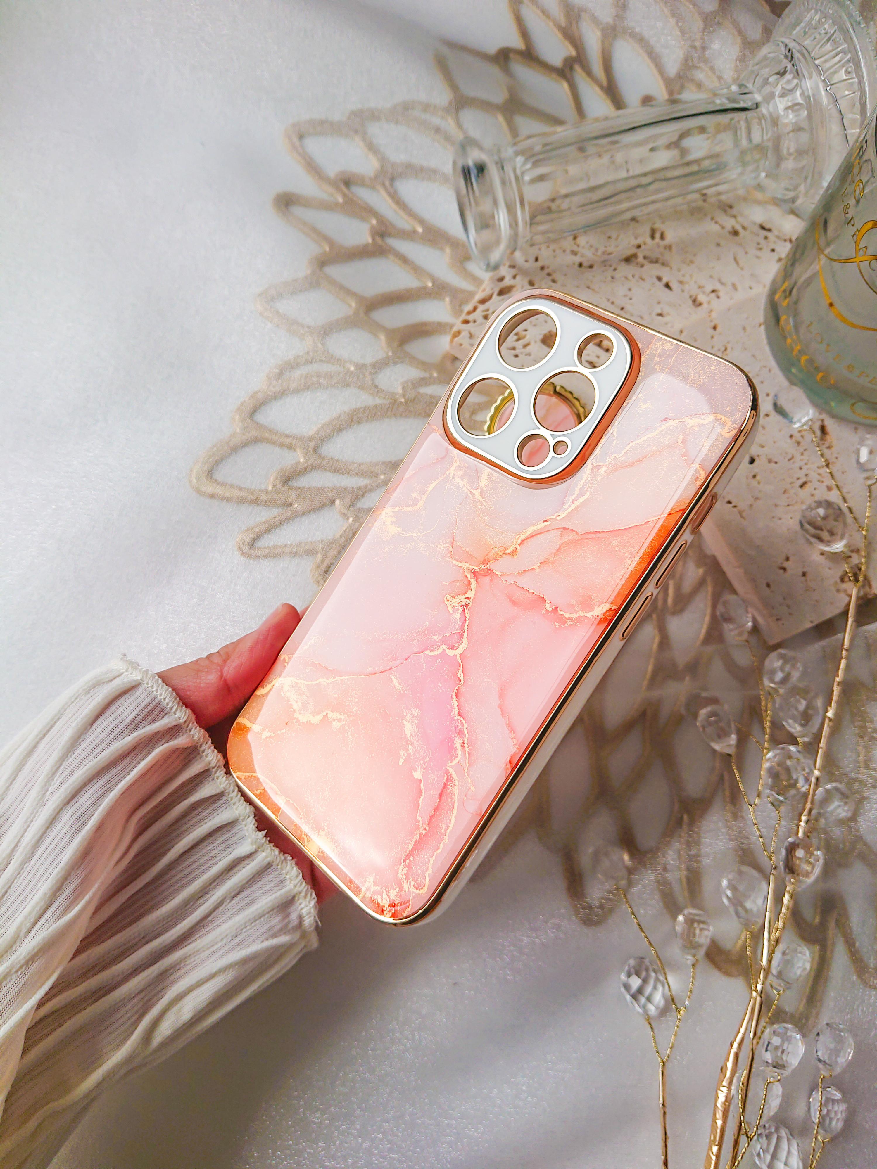 ピーチファズ　大理石風iPhoneケース　桃色　ピンクスマホケース　アルコールインクアート　フルーティピーチ