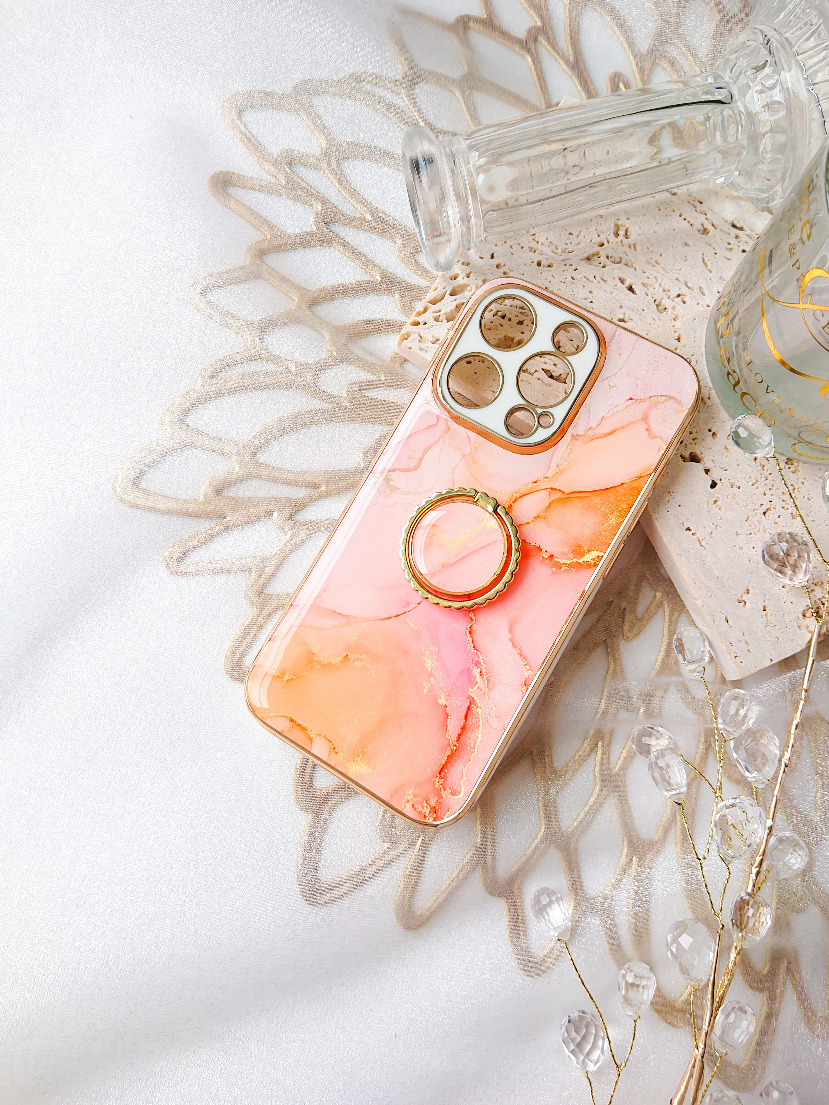 ピーチファズ　大理石風iPhoneケース　桃色　ピンクスマホケース　アルコールインクアート　フルーティピーチ