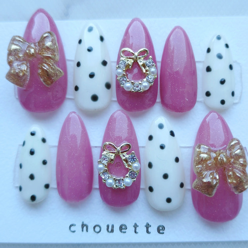 ネイルチップ ワンホン リボン ビジュー クリスマス 冬