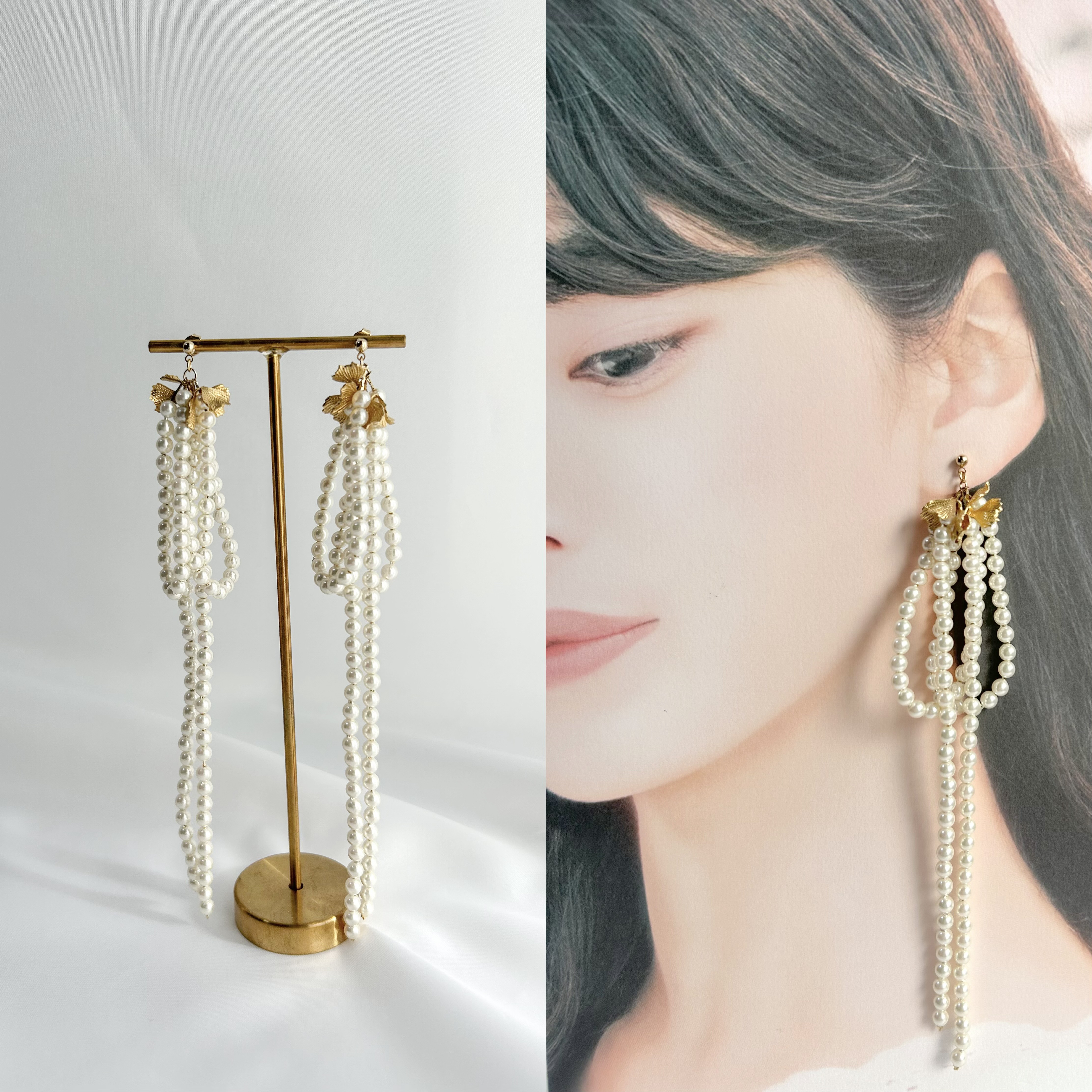 パールリボンと真鍮フラワーのイヤリング/ピアス　ロングリボン　大人リボン　ブライダルアクセ