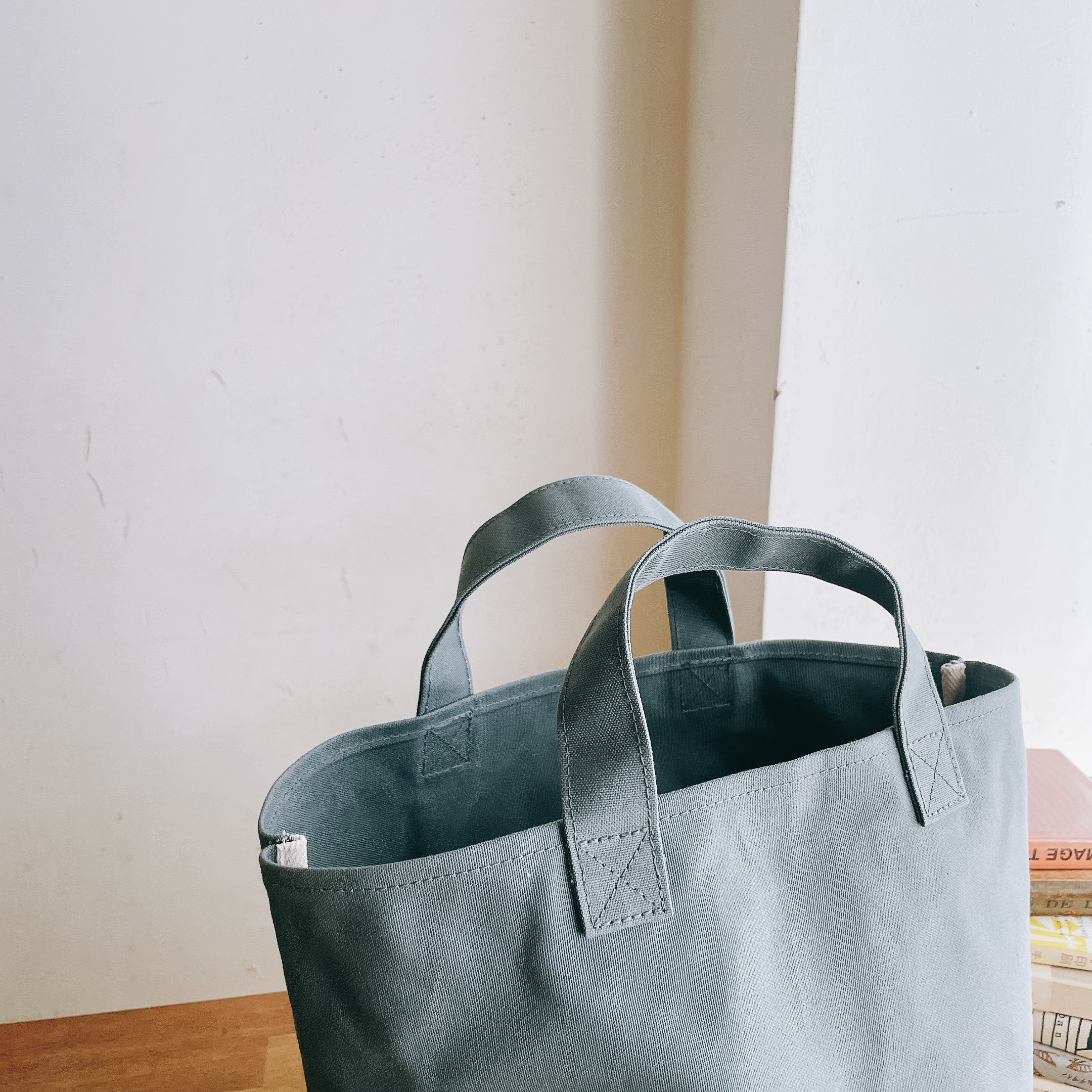 ［L］マルシェカゴのような帆布のバケツトート！ブルーグレー✕シルバー