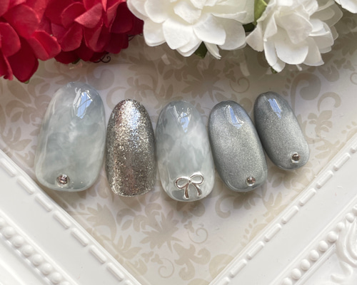 ネイルチップ オーダー チェック マグネット ミラー ニュアンス ぷっくり 冬 ネイルチップ オーダー チェック マグネット ミラー ニュアンス