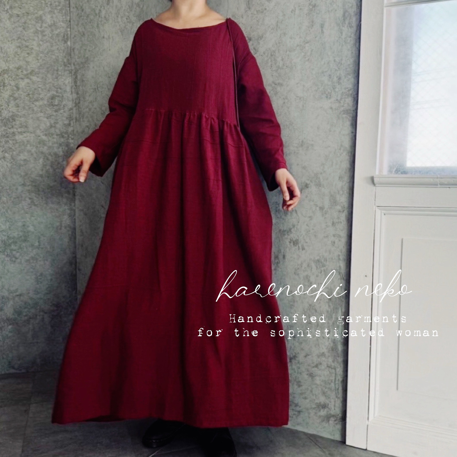 送料無料■10日以内発送■『上質な冬リネンで仕立てたオーガニックドレス。』ロング丈 無地 リネン ワンピース ギャザー