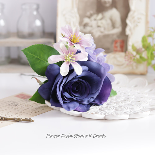 ネイビーの薔薇とアジサイののブーケ風の髪飾り フラメンコ ダンス 髪