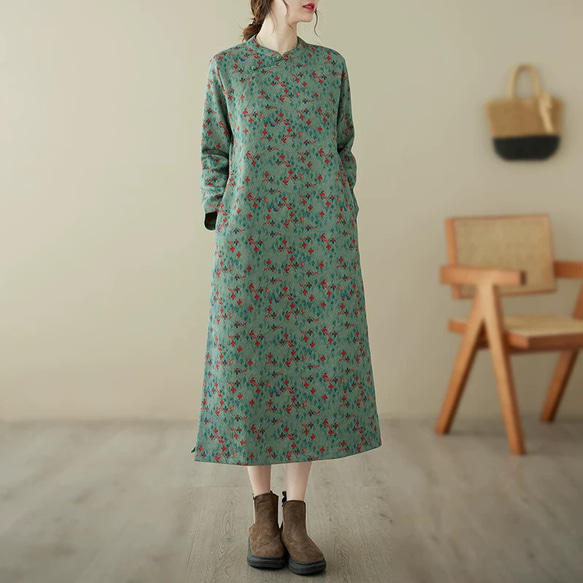 冬ワンピース 大人カジュアルワンピース 綿麻ワンピース 長袖