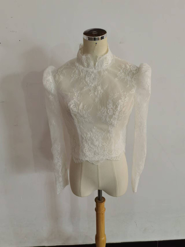 高品質！送料無料！ハイネックボレロ　トップス 　ブラウス　上品透け袖 3D立体レース刺繍  長袖 花嫁 結婚式