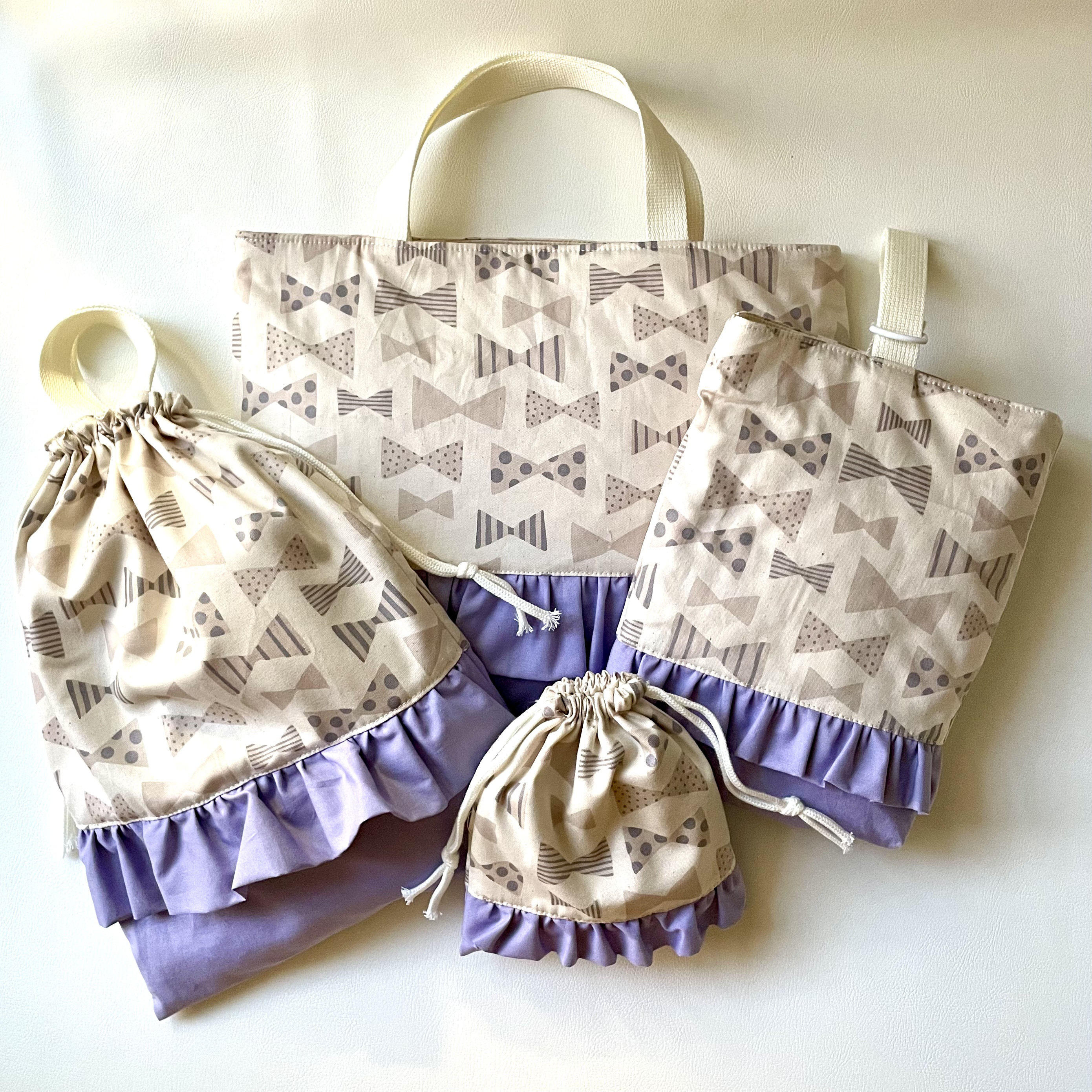 入園入学4点セット　手書き風リボン×甘いフリルのデザインバッグ　ライラック