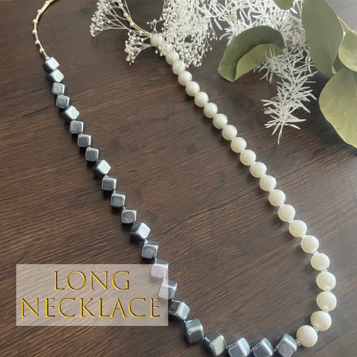 ロングネックレス 85cm グレーパールキューブ型＆コットンパール