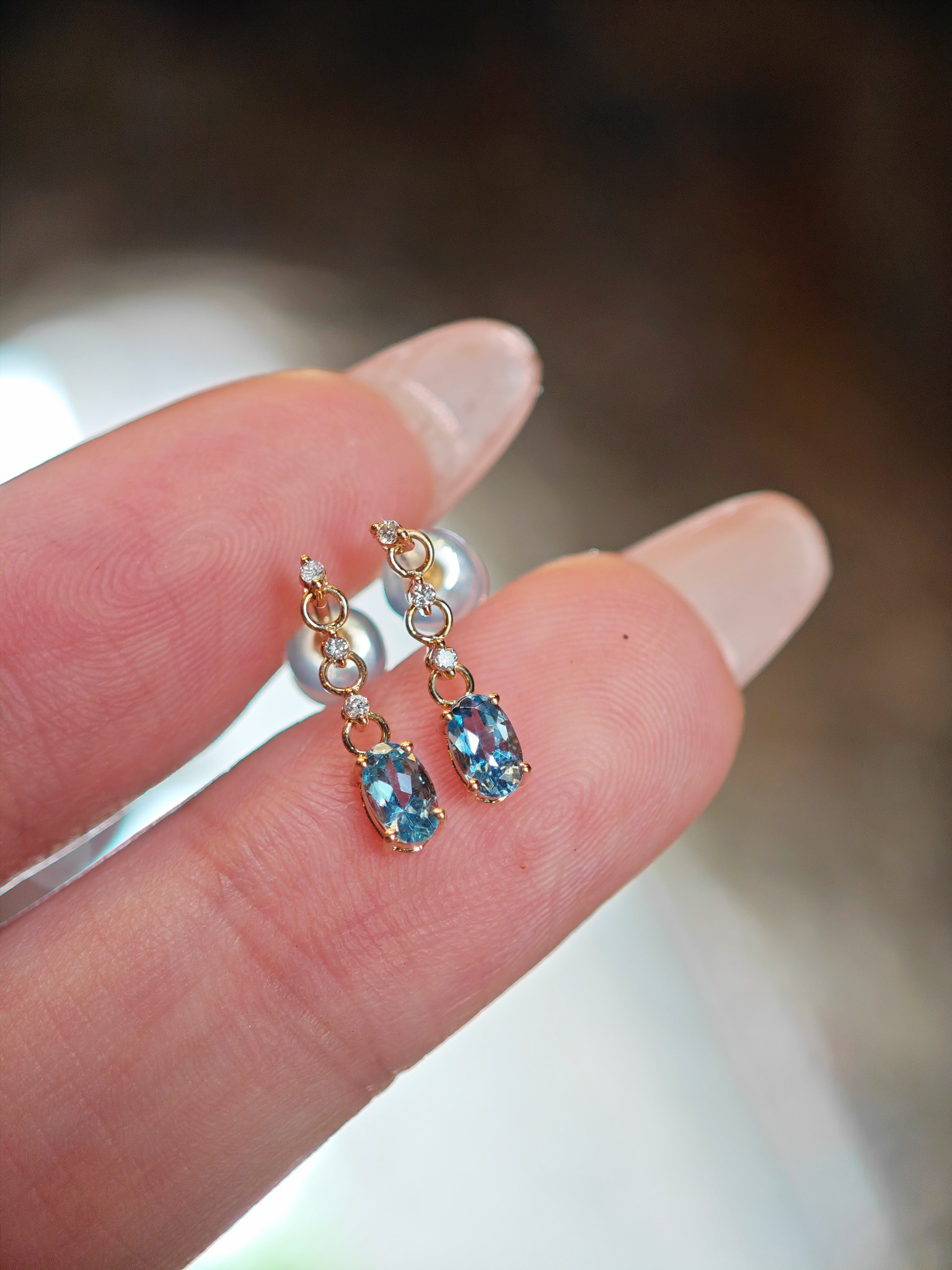 天然ダイヤモンド付きアクアマリンピアスk18