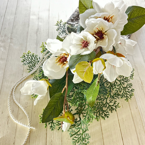 Spring 春のブーケミモザと白い小花のスワッグ27cm