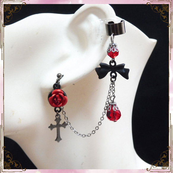 薔薇 バラ ローズ 十字架 クロス チェーン イヤークリップ イヤーカフ