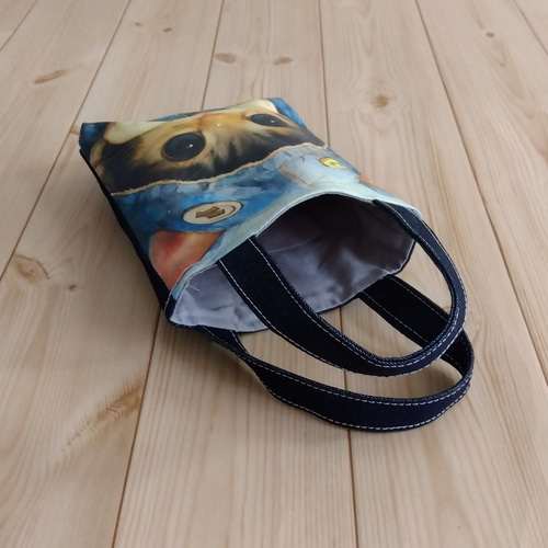 猫とデニム パネル生地のミニミニトートバッグ サブバッグ 890 トート