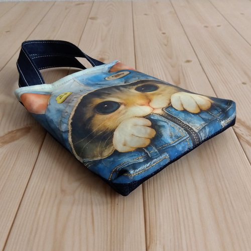 猫とデニム パネル生地のミニミニトートバッグ サブバッグ 890 トート