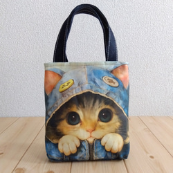 猫とデニム パネル生地のミニミニトートバッグ サブバッグ 890 トート