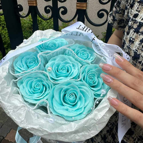 ツイードブーケ スペシャルブルー色 枯れない花束 グリッターローズで