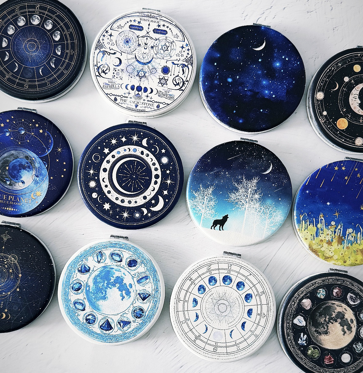 月と星のハンドミラー IM-193 星空と夜空と天体柄の折りたたみ