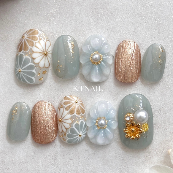 ネイルチップ 成人式 和柄 振袖 ニュアンス 水色 カラー変更 大人 花 振袖ニュアンスブルーオーダーチップ 着物和柄成人式卒業式