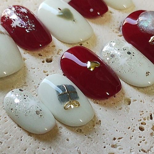 ネイルチップ クリスマス/キラキラ/ボルドー/12月/冬/ぷっくり